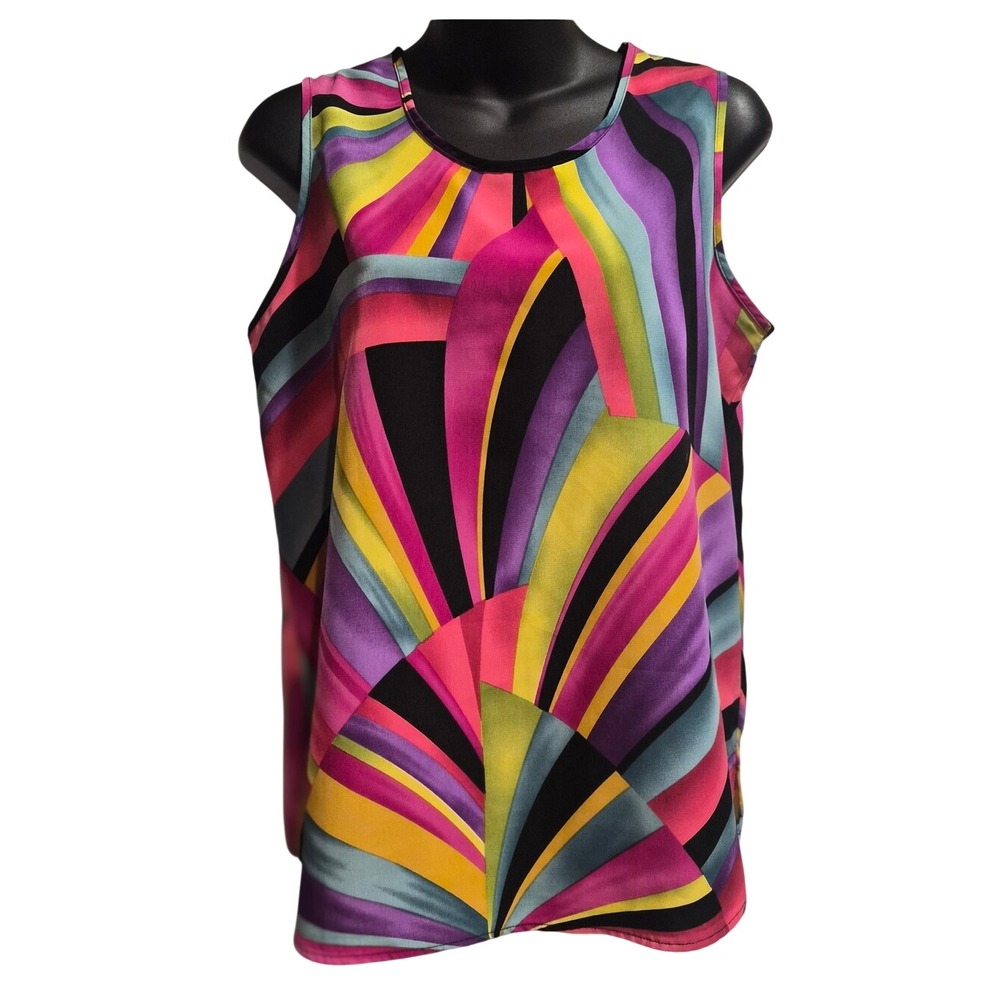 Maggie Sweet Petite Small Sleeveless Tank Top Multi Color Geometric Fan Print